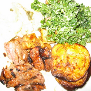 Kale caesar with steak and spiced eggplant